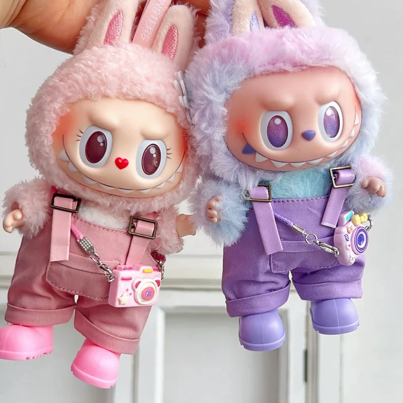 17cm Mini Plush Doll'S Clothes Outfit Accessories For Korea Kpop Exo Labubu Idol Dolls Corduroy overalls T-shirt Clothing Gift