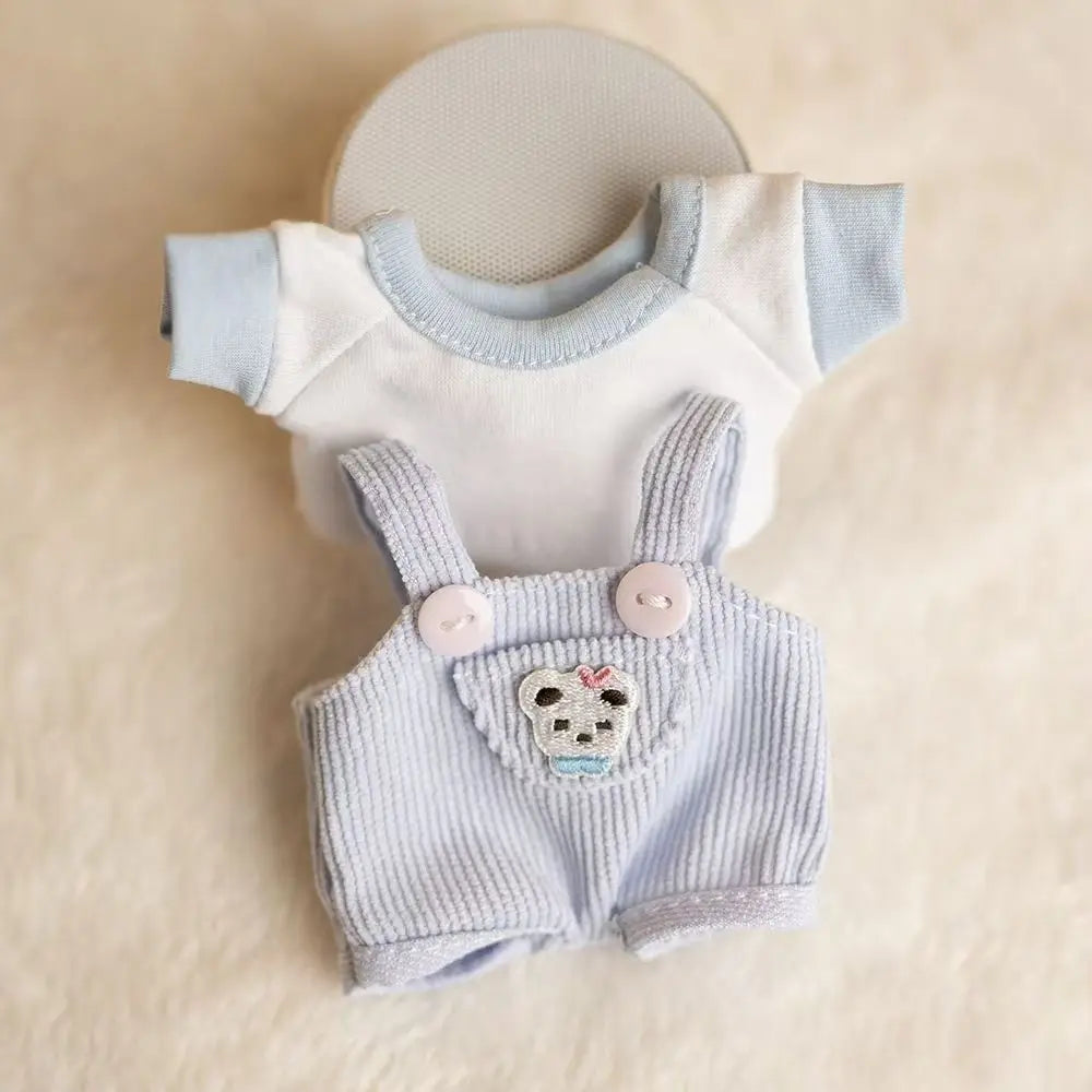 17cm Mini Plush Doll'S Clothes Outfit Accessories For Korea Kpop Exo Labubu Idol Dolls Corduroy overalls T-shirt Clothing Gift