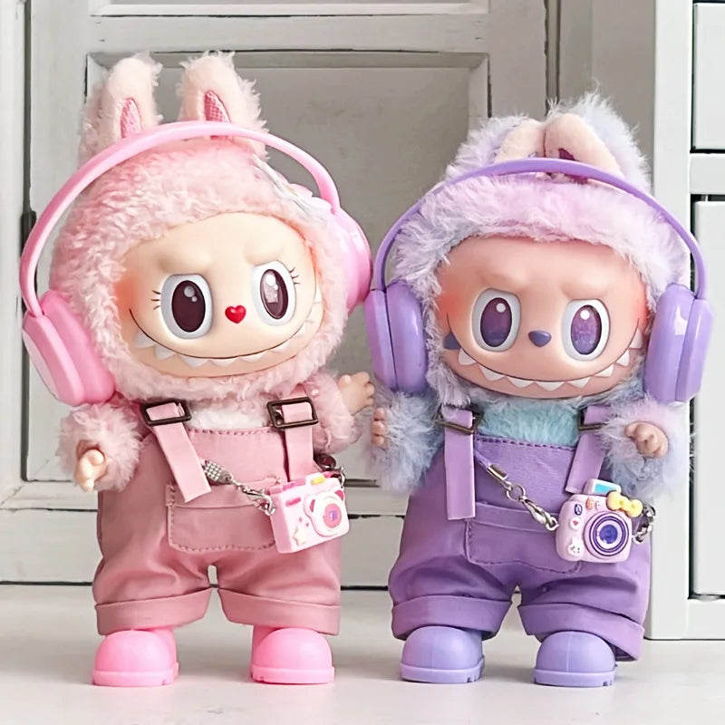 17cm Mini Plush Doll'S Clothes Outfit Accessories For Korea Kpop Exo Labubu Idol Dolls Corduroy overalls T-shirt Clothing Gift