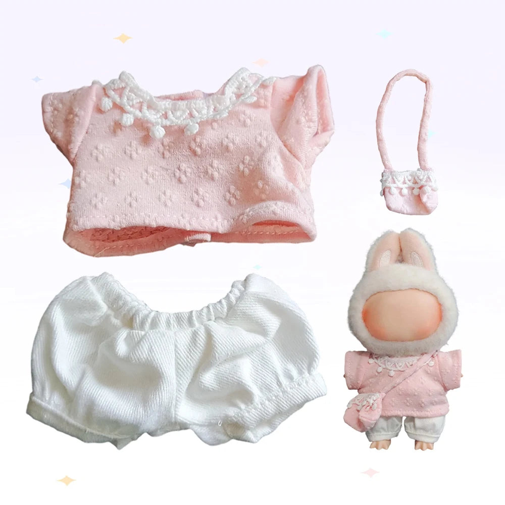 17cm Mini Plush Doll'S Clothes Outfit Accessories For Korea Kpop Exo Labubu Idol Dolls Corduroy overalls T-shirt Clothing Gift