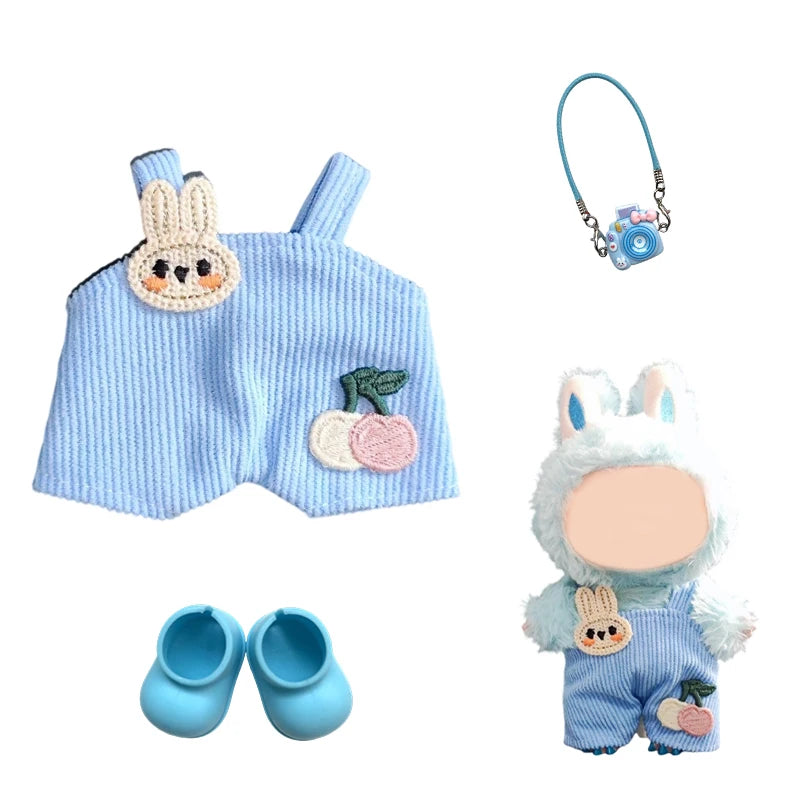 17cm Mini Plush Doll'S Clothes Outfit Accessories For Korea Kpop Exo Labubu Idol Dolls Corduroy overalls T-shirt Clothing Gift