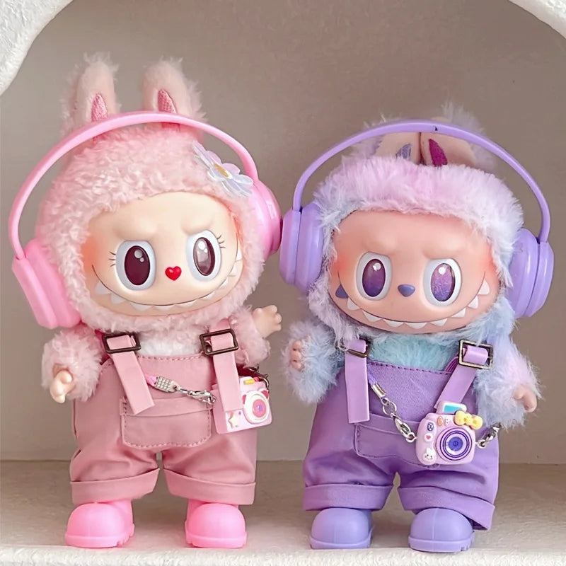 17cm Mini Plush Doll'S Clothes Outfit Accessories For Korea Kpop Exo Labubu Idol Dolls Corduroy overalls T-shirt Clothing Gift