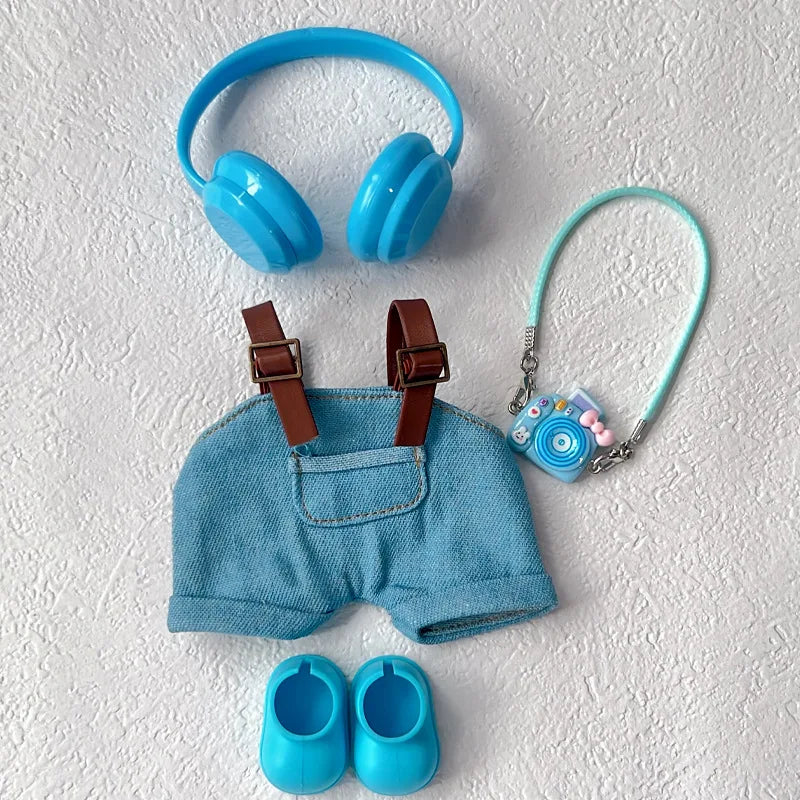 17cm Mini Plush Doll'S Clothes Outfit Accessories For Korea Kpop Exo Labubu Idol Dolls Corduroy overalls T-shirt Clothing Gift