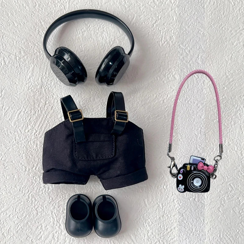 17cm Mini Plush Doll'S Clothes Outfit Accessories For Korea Kpop Exo Labubu Idol Dolls Corduroy overalls T-shirt Clothing Gift