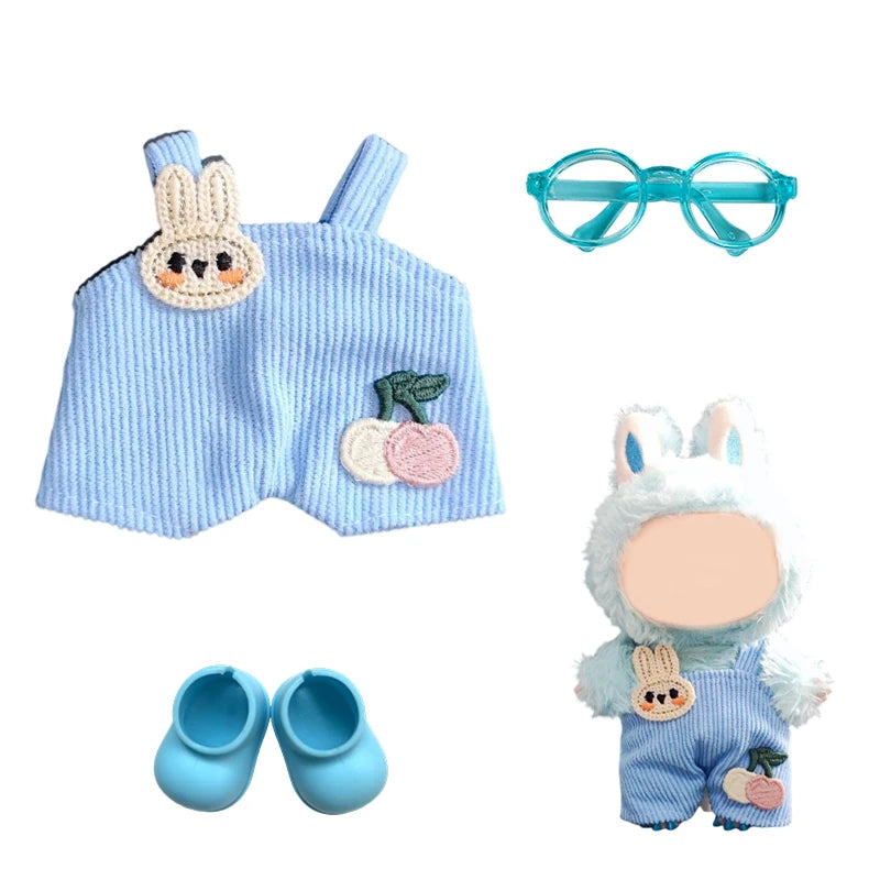 17cm Mini Plush Doll'S Clothes Outfit Accessories For Korea Kpop Exo Labubu Idol Dolls Corduroy overalls T-shirt Clothing Gift
